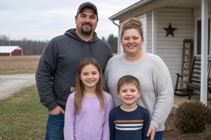 AI-generated case-study scene: a family outside their home