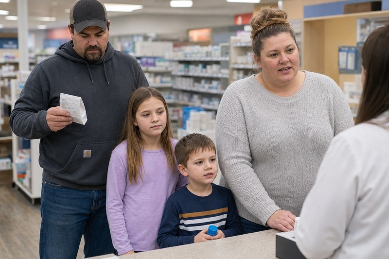 AI-generated case-study scene: the family at a pharmacy counter